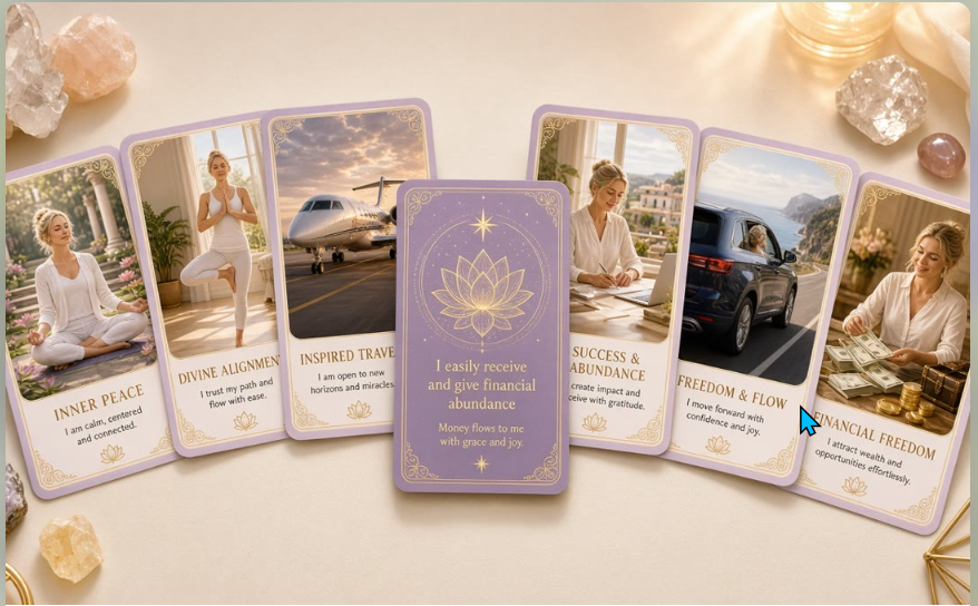 A coordinated lavender and gold collection of personalized affirmation cards showing peace, travel, abundance and freedom