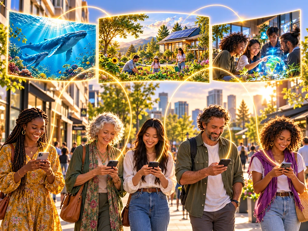 Five diverse people walking on a city street using their phones to submit visions of healthy oceans, a family garden with a solar home, and responsible technology