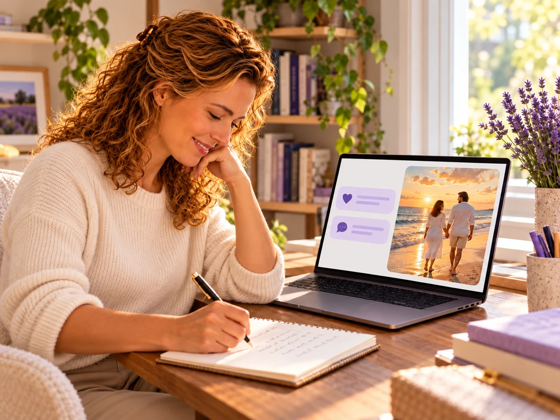 The woman writing her relationship goals in a notepad at her home desk beside the Vision Guide laptop