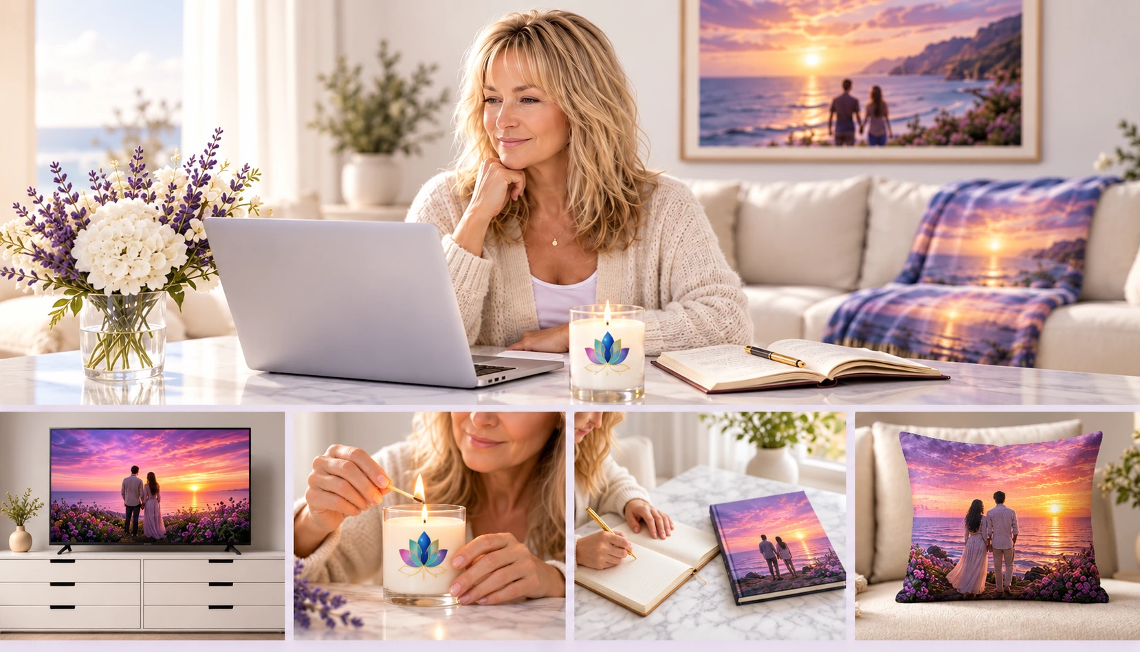 A woman surrounding herself with her personal sunset vision through video, wall art, a blanket, candle, journal and pillow